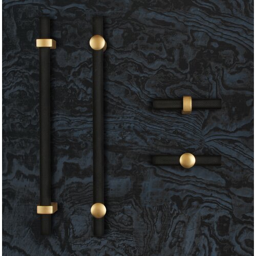 Luca Knurled Designer Pull, 320mm, Natural Brass feet & Matte Black bar