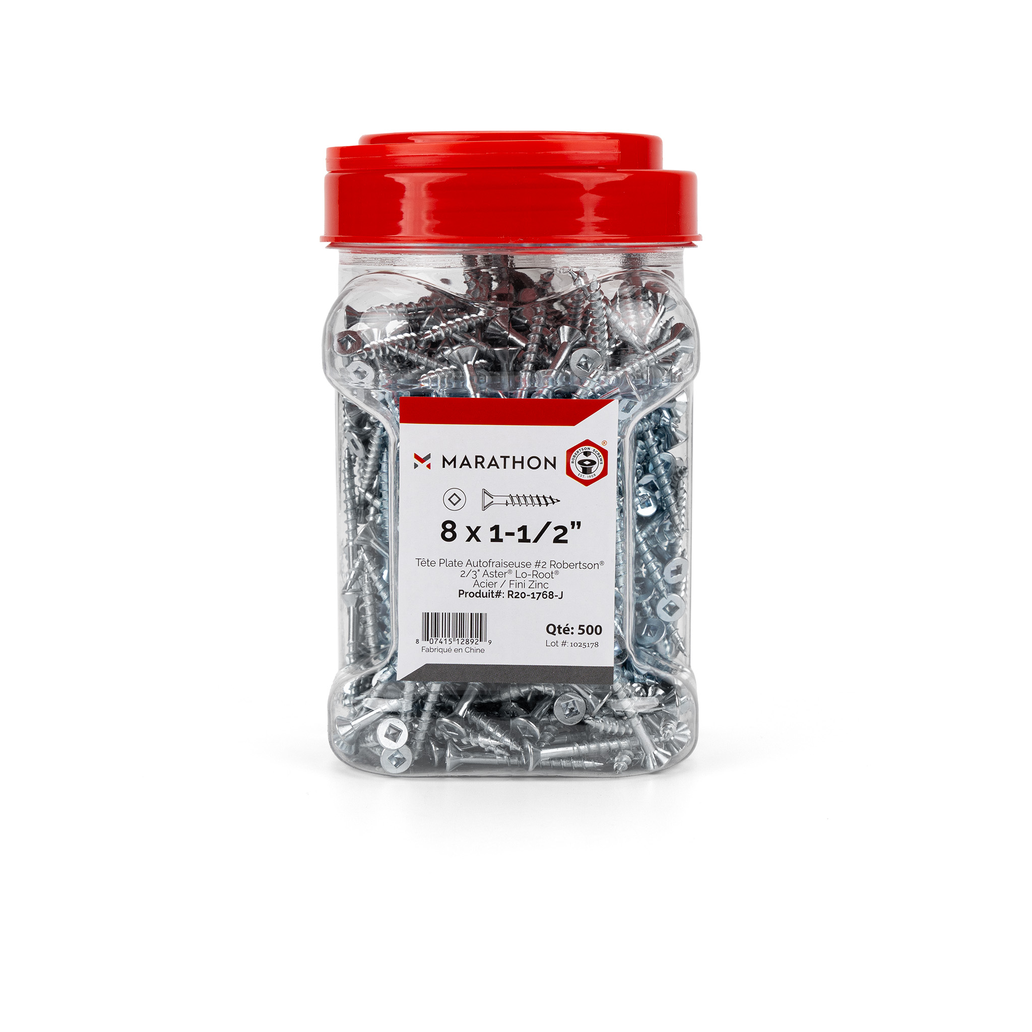 ROBERTSON #8 x 1-1/2 Flat head with Nibs 2/3 threaded, Aster® Lo-Root® Zinc in Jar