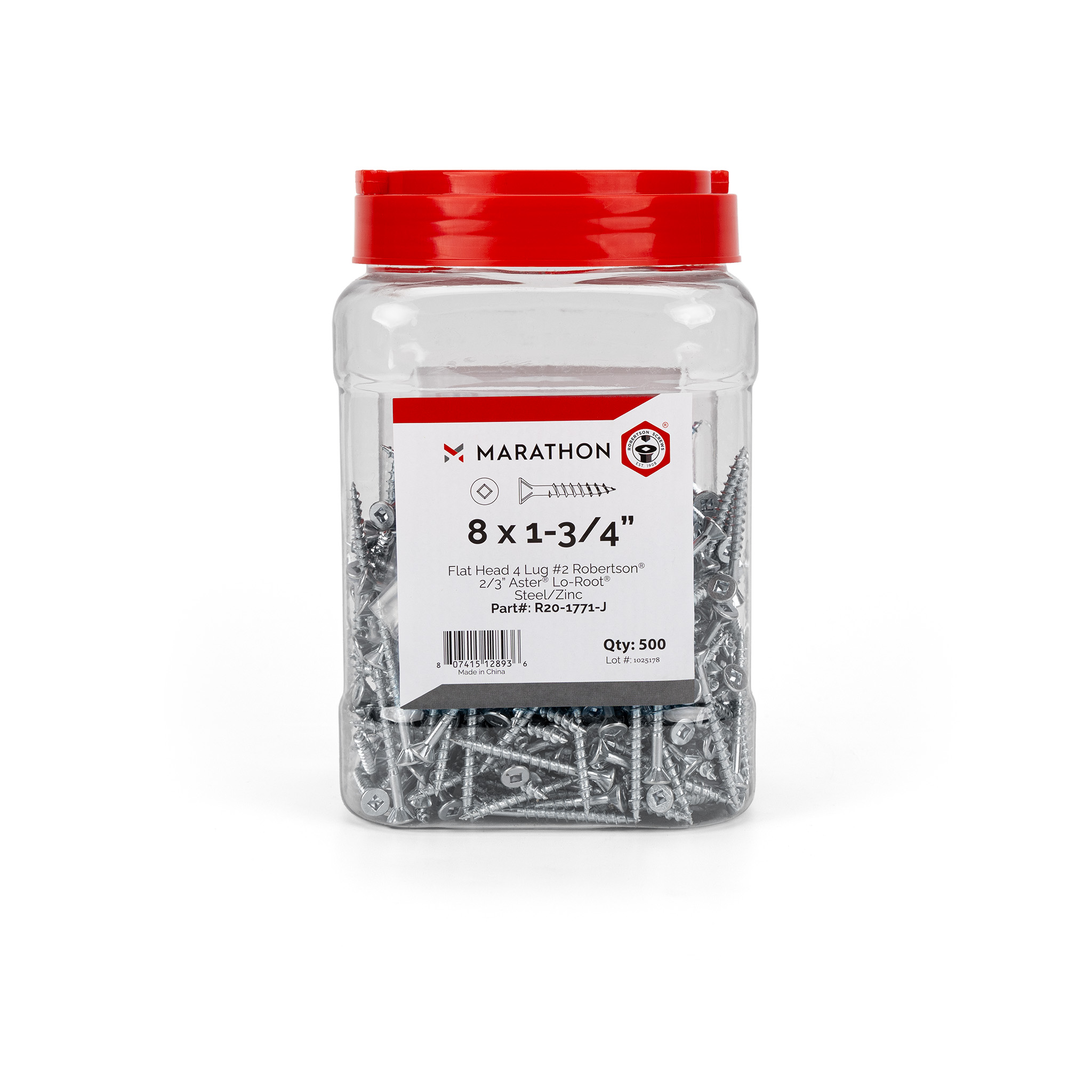 ROBERTSON #8 x 1-3/4 Flat head with Nibs 2/3 threaded, Aster® Lo-Root® Zinc in Jar