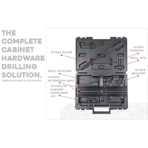 Premium Cabinet Hardware Jig, includes Extension Set, Extended Ruler Attachment, and Carrying Case.
